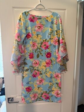 Shelby & Palmer Light Blue Floral Midi Dress with Ruffle Sleeves